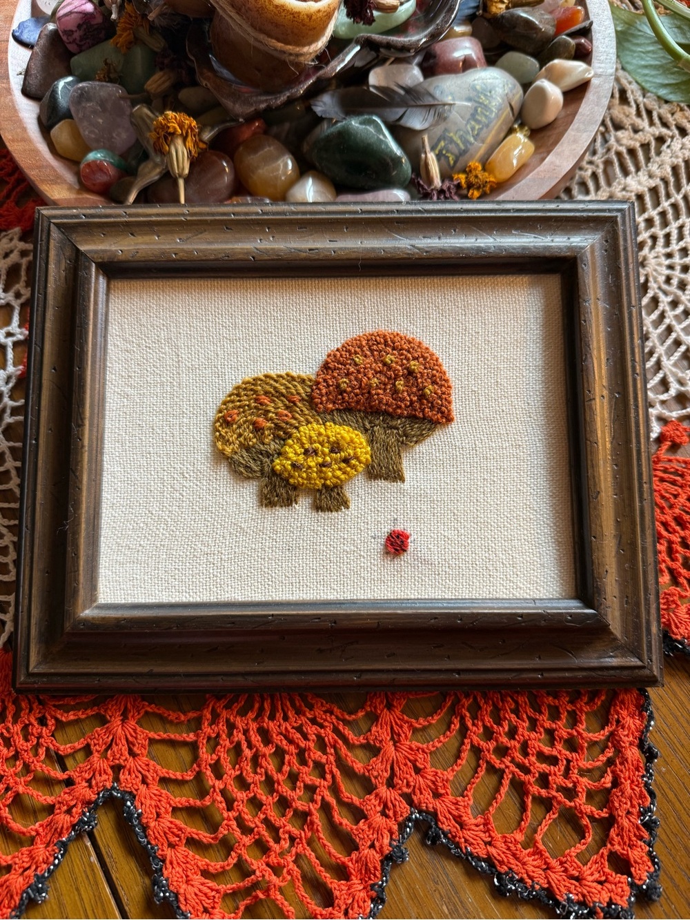 Vintage Mushroom Crewel Embroidery Framed Fiber Art Woodland Ladybug